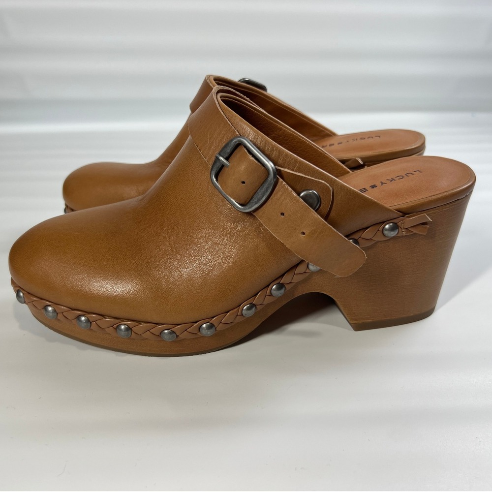 Lucky Brand Clog Heels Tan Leather Studded Braided Trim Slip-On Mule Sandals 7.5 - Picture 3 of 10